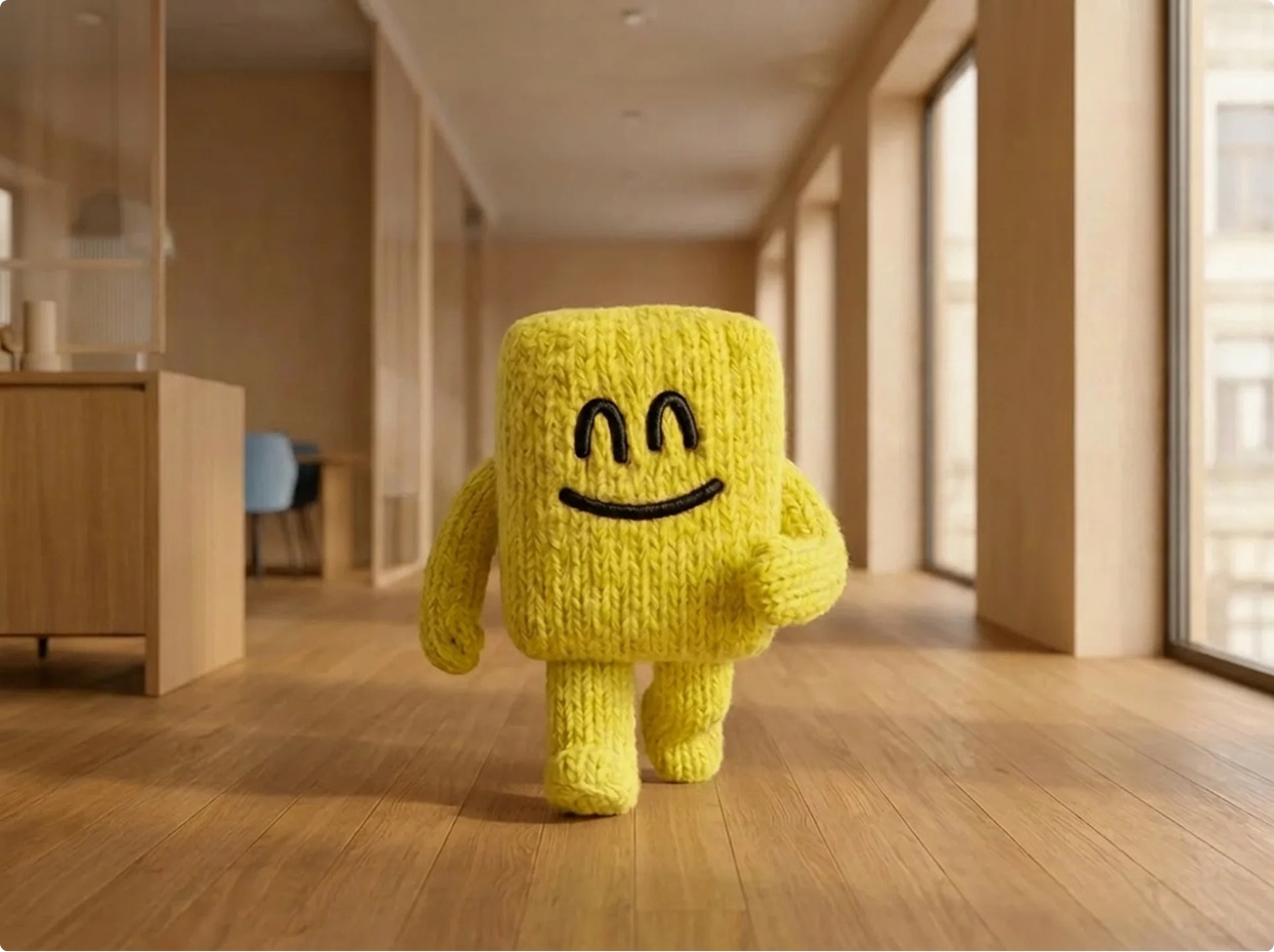 Garba, the knitted yellow mascot, walking down a sunlit office hallway