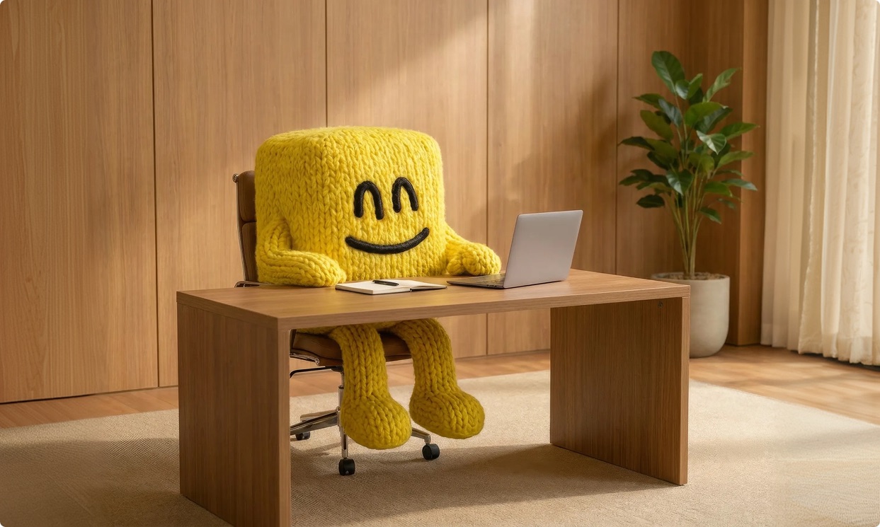 Garba working on a laptop at a wooden desk, legs dangling from an office chair