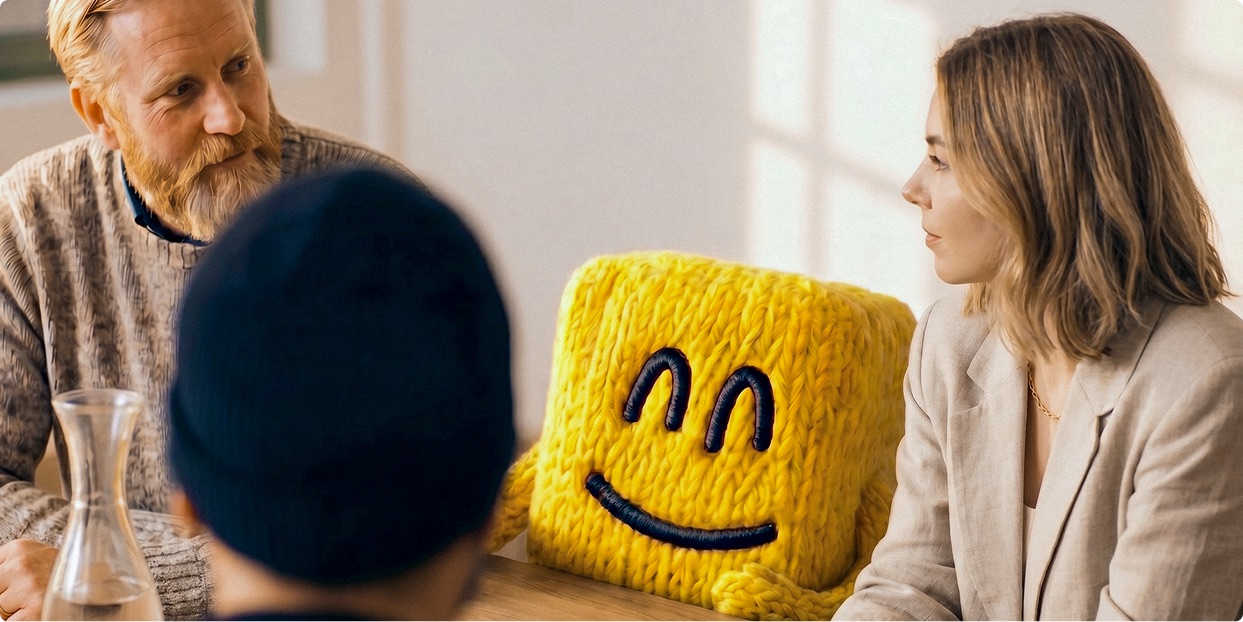 Garba's smiley tile on the table during a customer meeting
