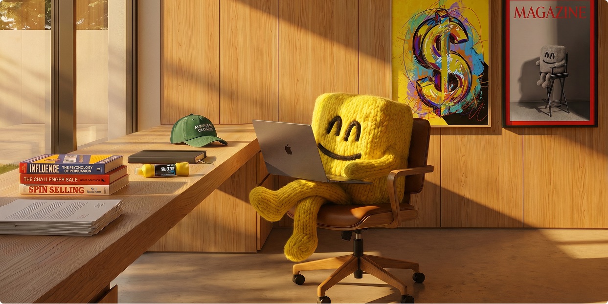 Garba reclining in a leather office chair with a laptop, framed art on the wall