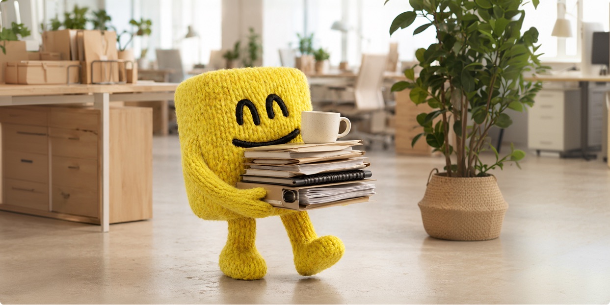 Garba carrying a stack of sales books topped with a coffee across the office