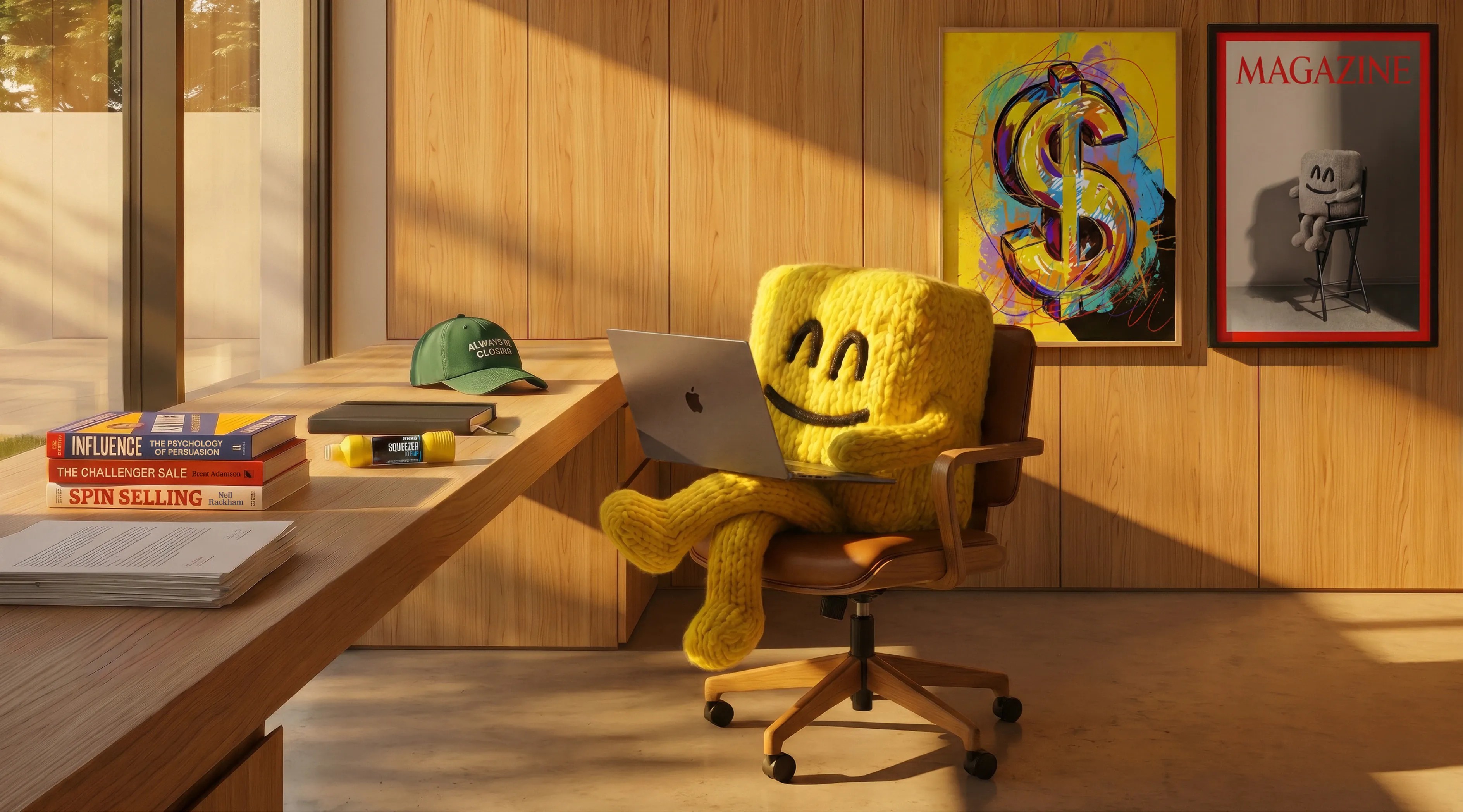 Garba relaxing in a wood-panelled home office — desktop wallpaper